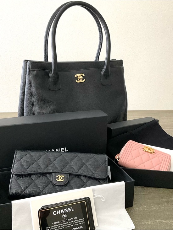 CHANEL Handbags - CHANEL BUNDLE Black Leather Tote, Long Flap Wallet, Zip Wallet